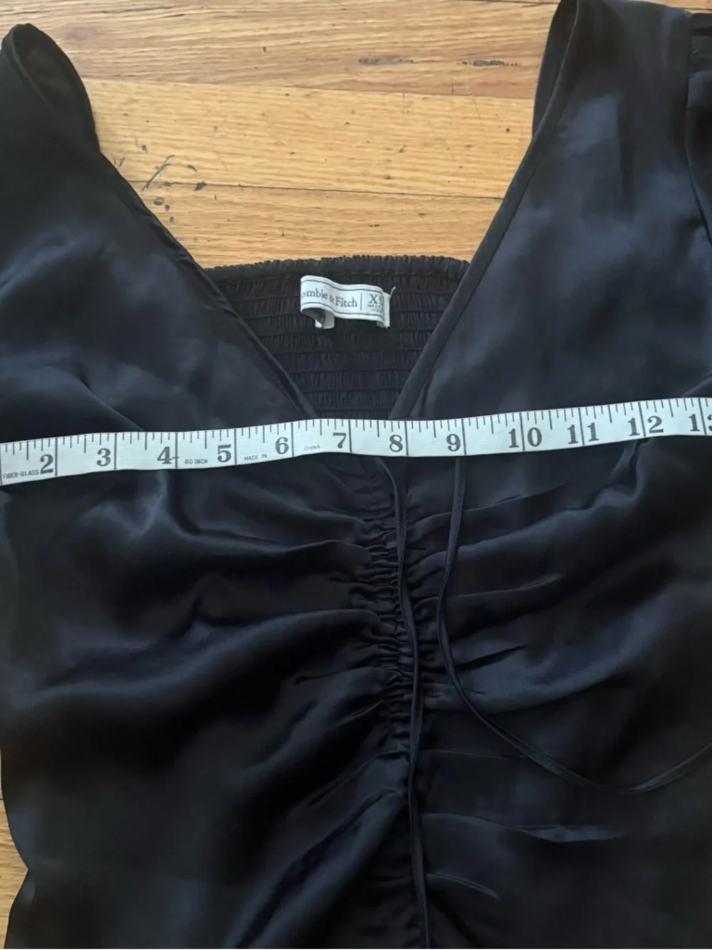 Abercrombie Satin Ruched Puff Sleeve Top Black Tie Front Size XS